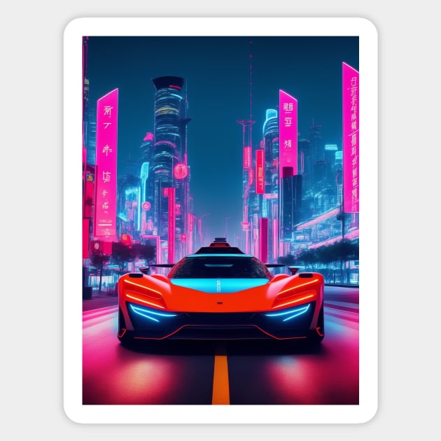 Dark Neon Sports Car in Asian Neon City Sticker by star trek fanart and more